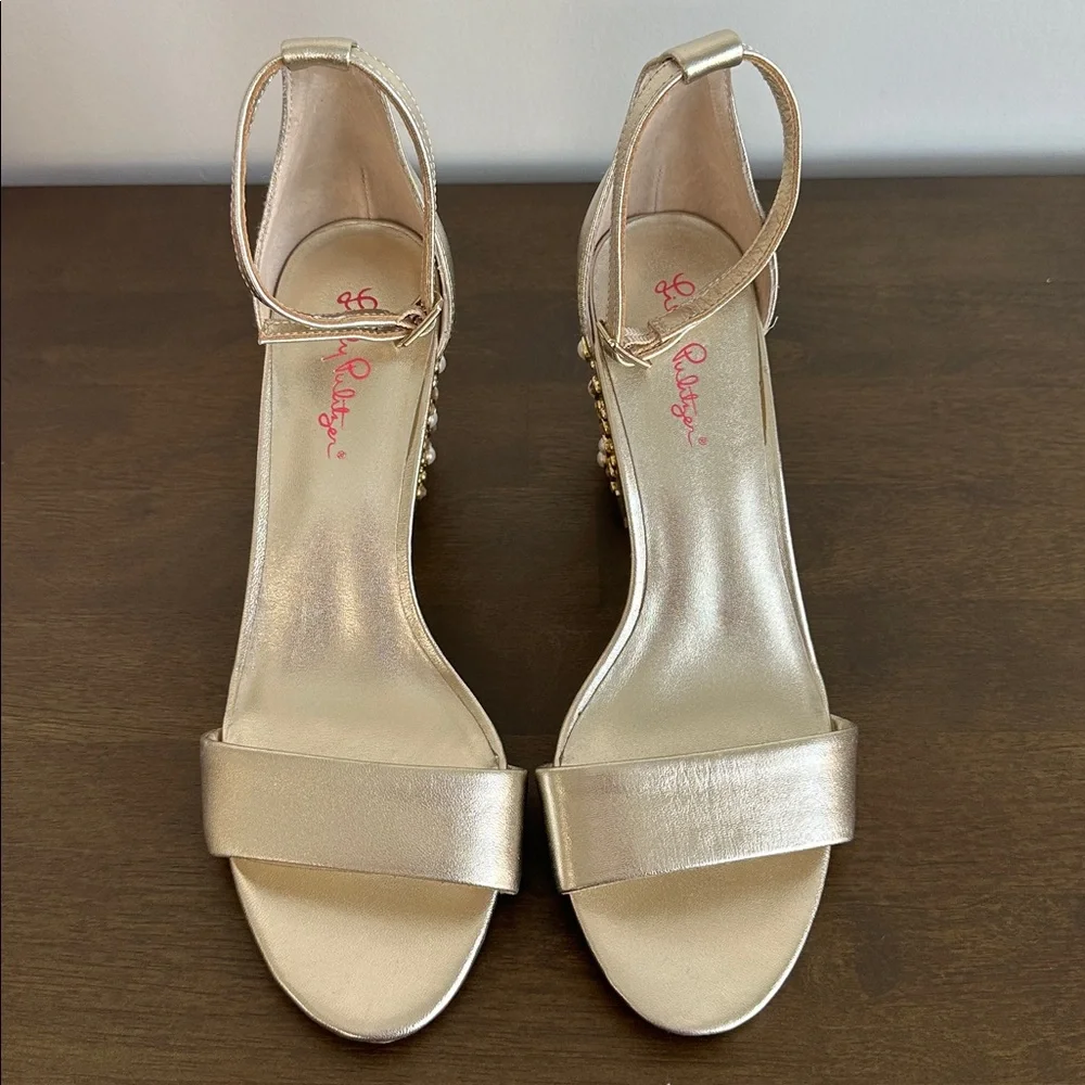 Lilly Pulitzer Amber Lynn Gold Embellished Sandal Block Heel Size 10 - Picture 5 of 13